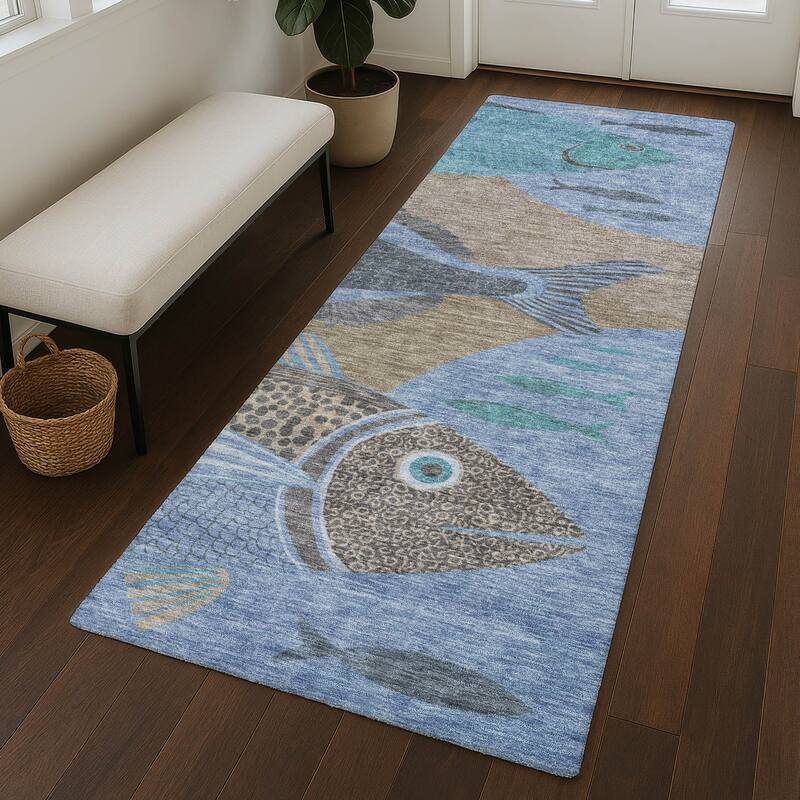 Machine Washable Indoor/ Outdoor Modern Fish Chantille Rug