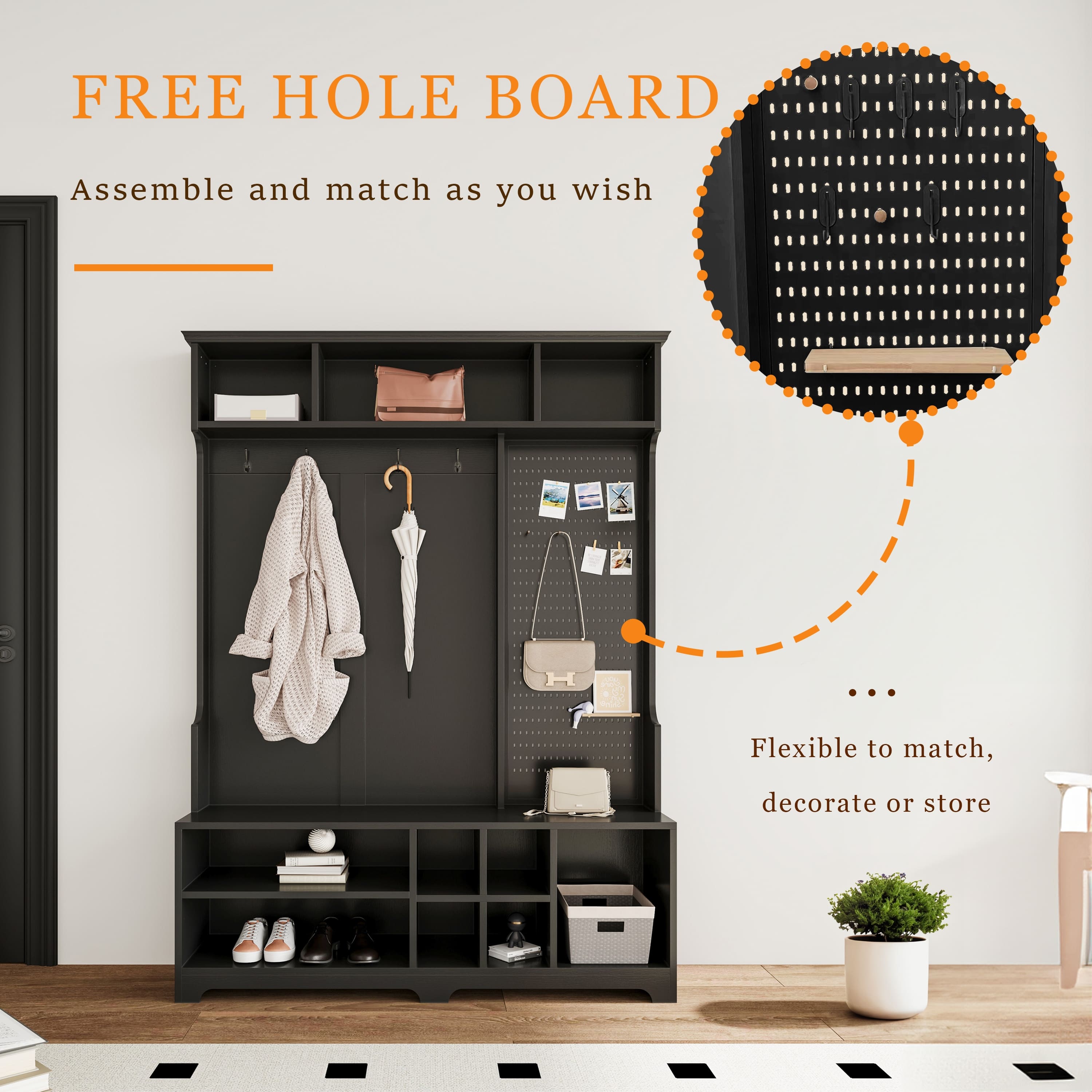 Black MultiFunctional Entryway Hall Tree with Storage Shoe Bench, Coat Rack, DIY Pegboard, and