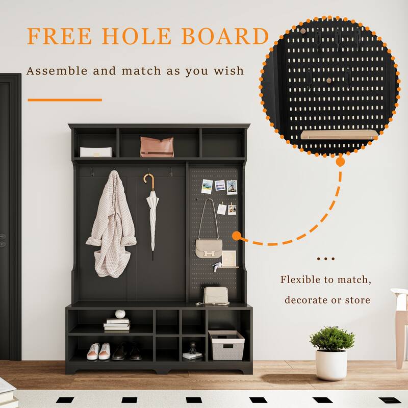 Hall Tree with Shoe Bench, Coat Rack, Shelves and Pegboard
