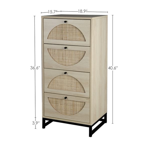 Natural Wood Rattan 4-Drawer Narrow Storage Cabinet Chest Dresser - Bed ...