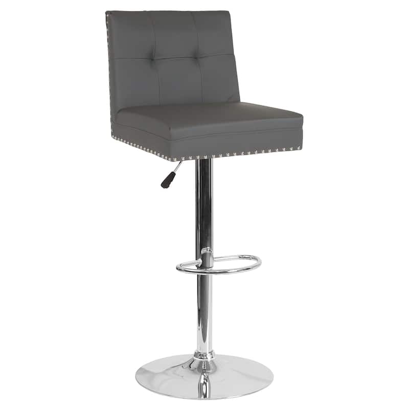 Adjustable Height Tufted Back Barstool w/Accent Nail Trim in Gray LeatherSoft - 17.5"W x 20"D x 38" - 46.5"H
