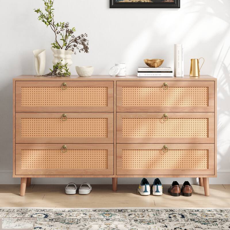 Anmytek Rattan Six Drawer Dresser Boho Storage Chest Wood Look Bedroom Living Room Accent