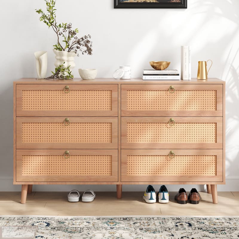 PE Rattan Double Dresser with 6 Drawers, Chest of Drawers Bedroom Storage Organizer - Natural - 6-drawer