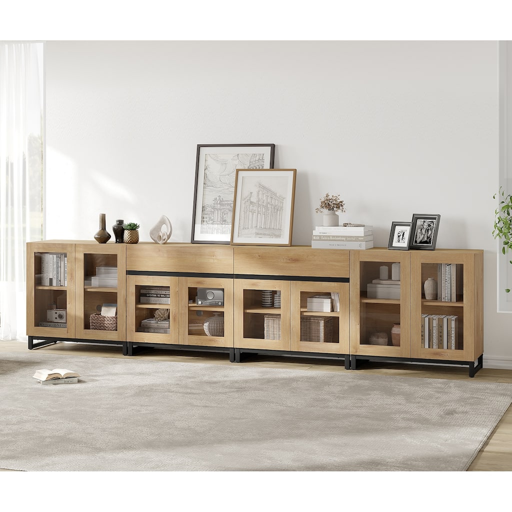 4-in-1 Modern Dresser with 2 Drawers & Glass Doors, Adjustable Shelf & Metal Base Storage Cabinet for Bedroom
