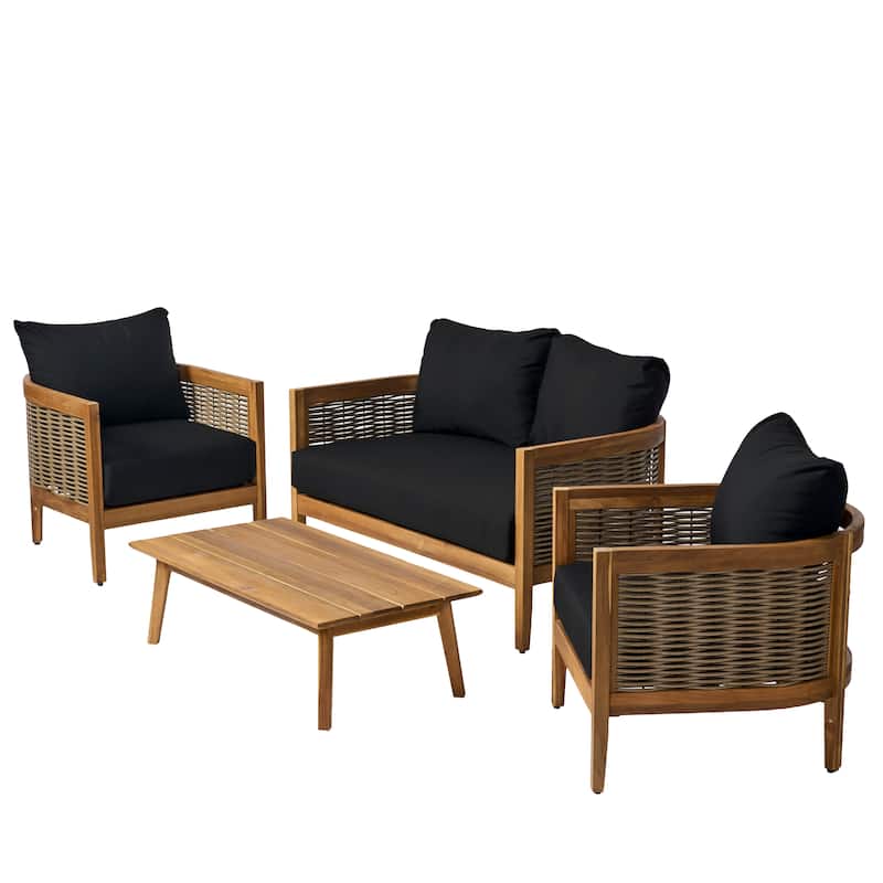 Burchett Outdoor Acacia Wood and Wicker 4 Seater Chat Set with Cushions by Christopher Knight Home