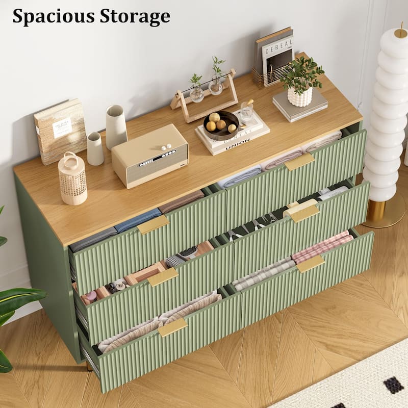 6 Drawer Fluted Dresser for Bedroom, Modern Wooden Storage Chest with Gold Handles