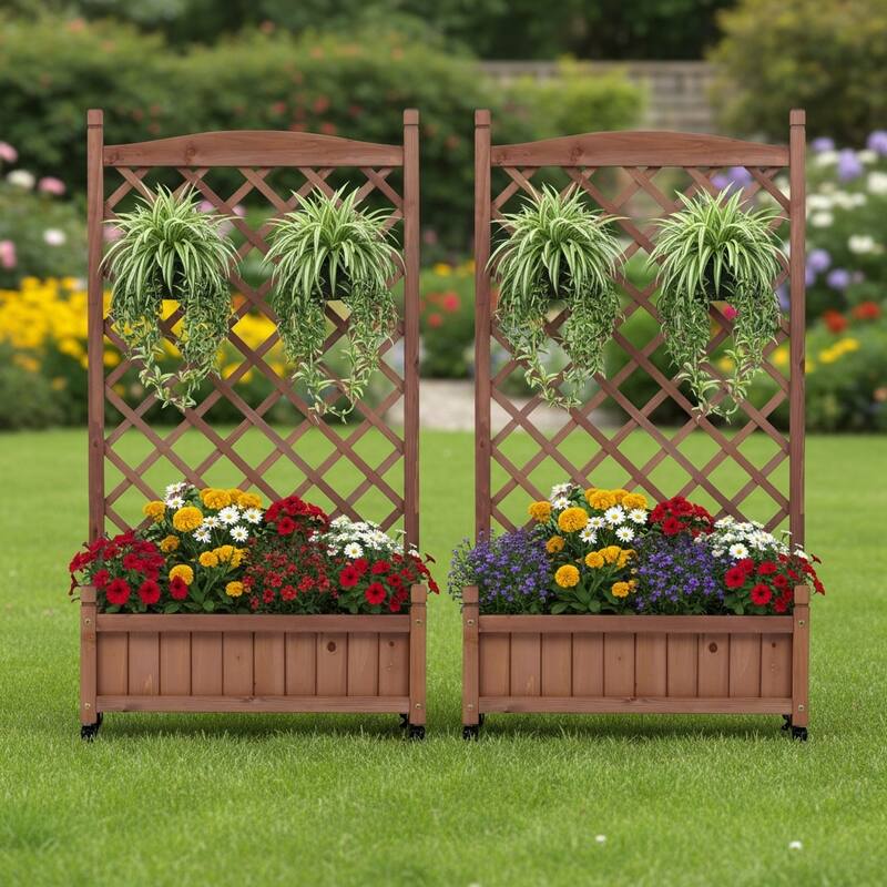 Set of 2 Portable Wood Planter Garden Bed with Wheels Drainage Trellis