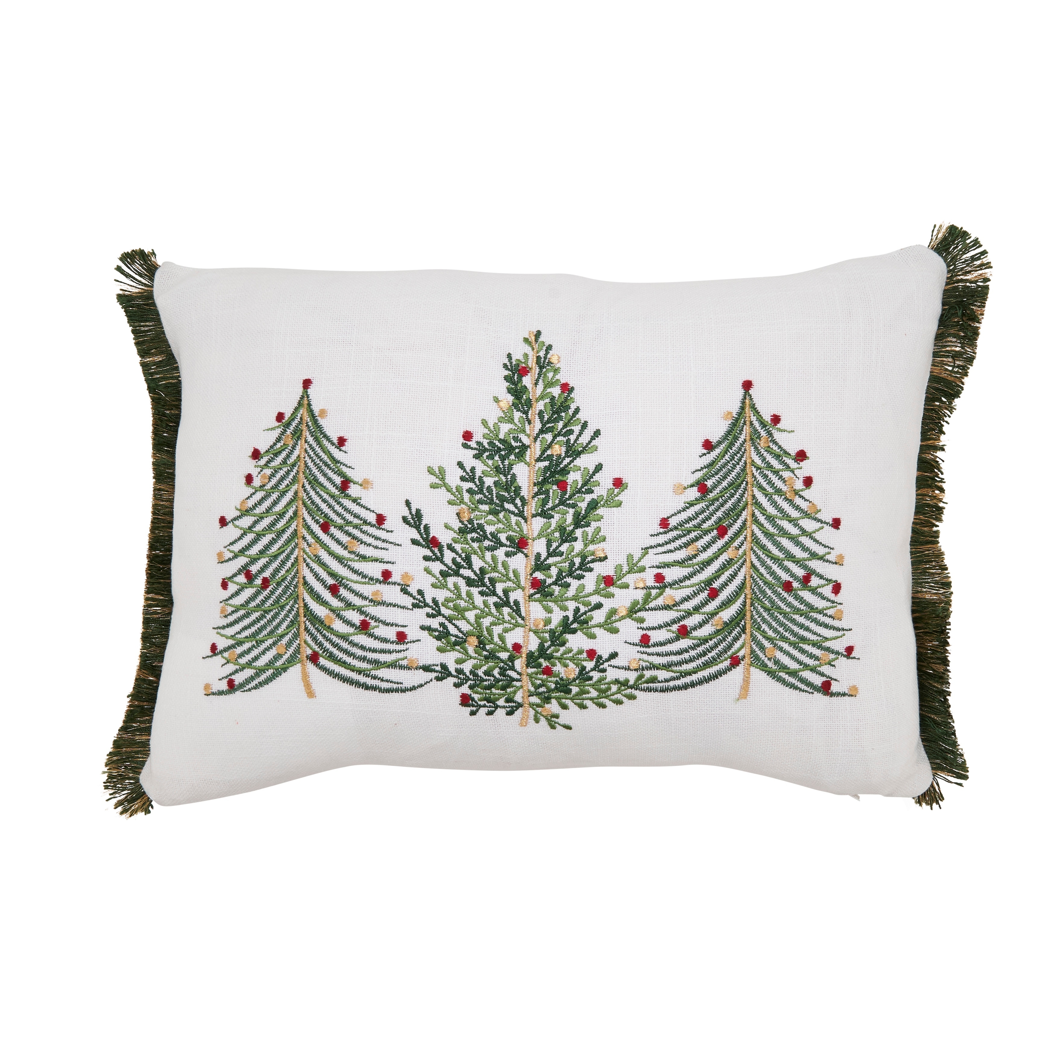 Embroidered Christmas Trees Throw Pillow - Holiday Throw Pillow with Fringe Trim for Christmas Decor, Farmhouse Styling