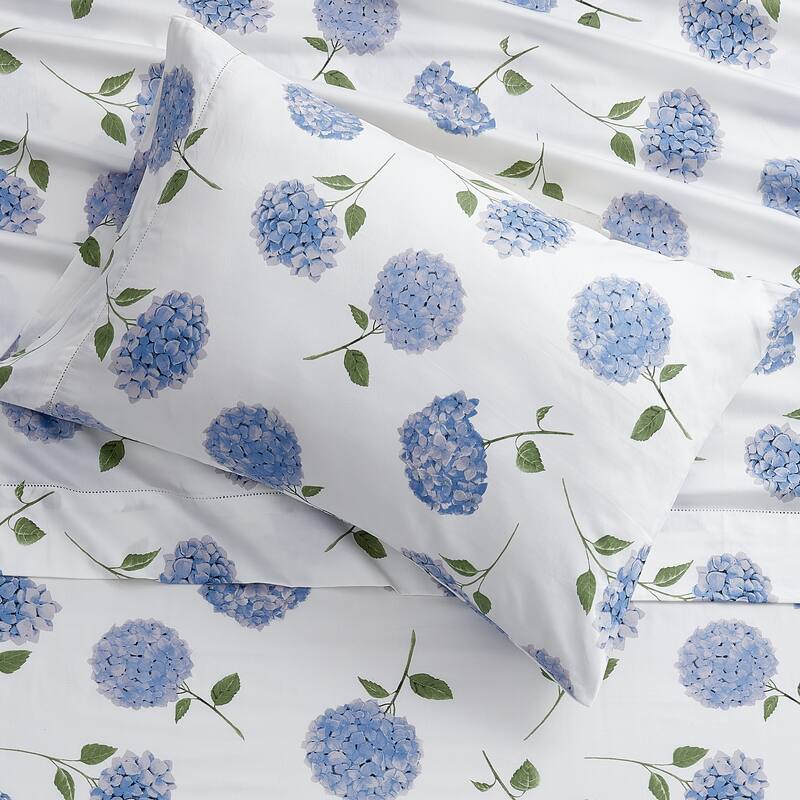 Printed Design Cotton Collection 400TC Hemstitch Blue Hydrangea Sheet Set and Pillowcases