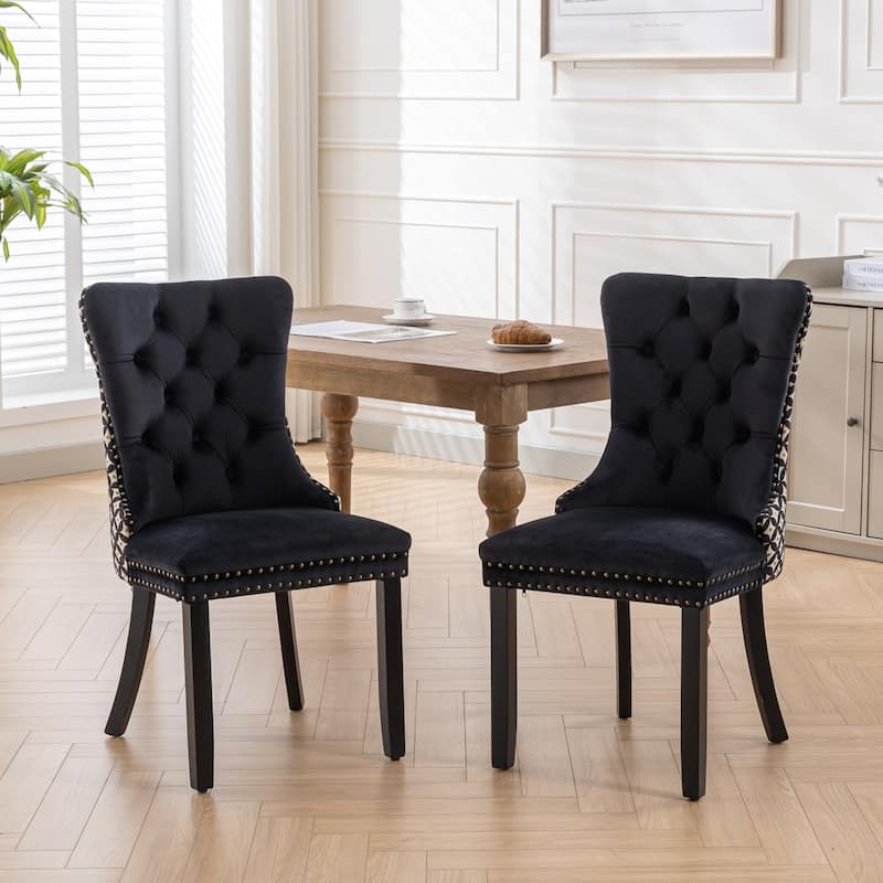 Set of 2 Velvet Upholstered Dining Chairs with Wood Legs - Black