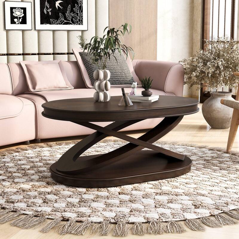 Solid Wood Oval Coffee Table with X-Shaped Base for Living Room Use - Espresso
