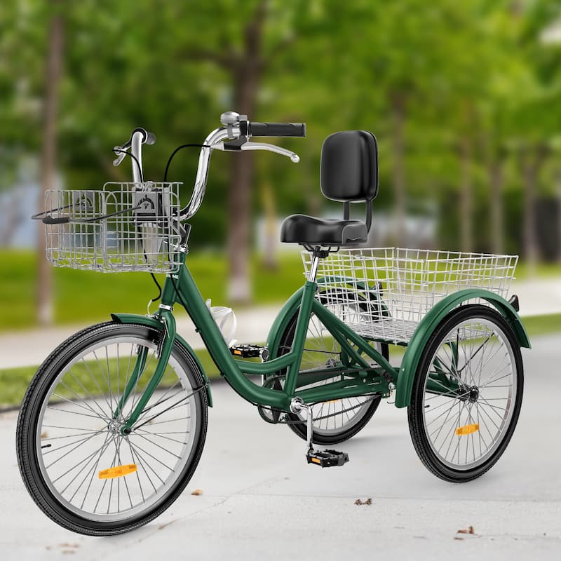 24" Matte Green Adult Tricycle 3 Wheel Bikes 1 Speed Trike Bike