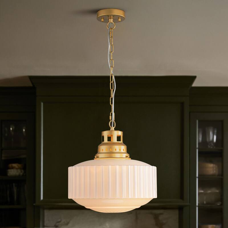 1-Light Mid-Century Modern Brass & White Ribbed Glass Pendant Light for Dining Room - 1 Light