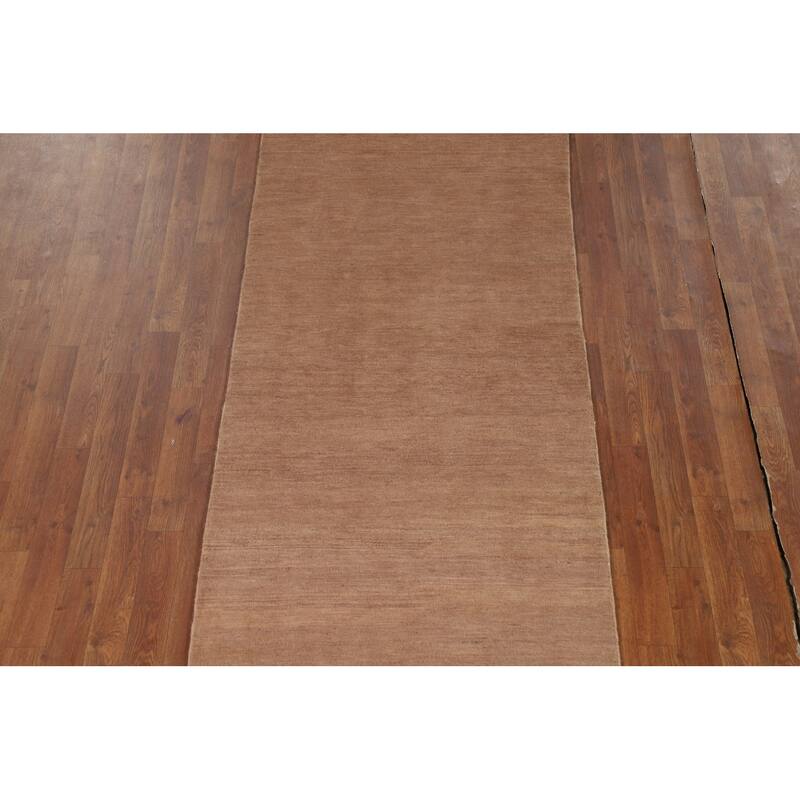 Brown Solid Gabbeh Oriental Runner Rug Hand-Knotted Wool Carpet - 3'0"x 12'9"