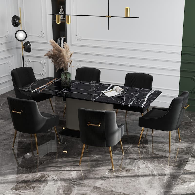 SEYNAR Modern Glam Boucle Pleated Velvet Dining Chair or Vanity Chair Set of 6 with Rear Handle - Black