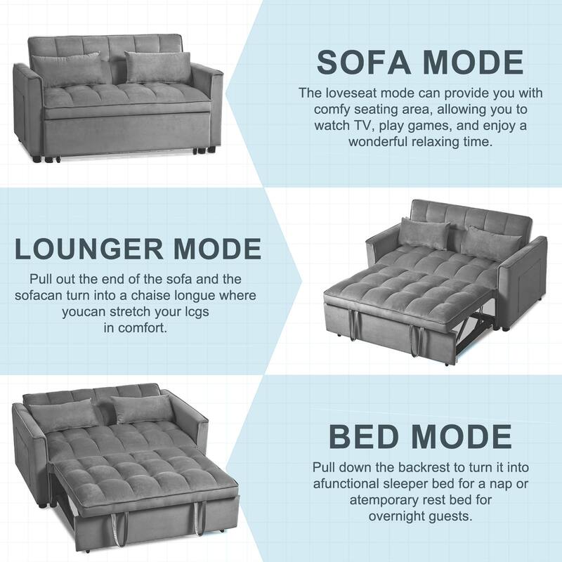 3-in-1 Velvet Convertible Sofa Bed, Adjustable Backrest with Pockets