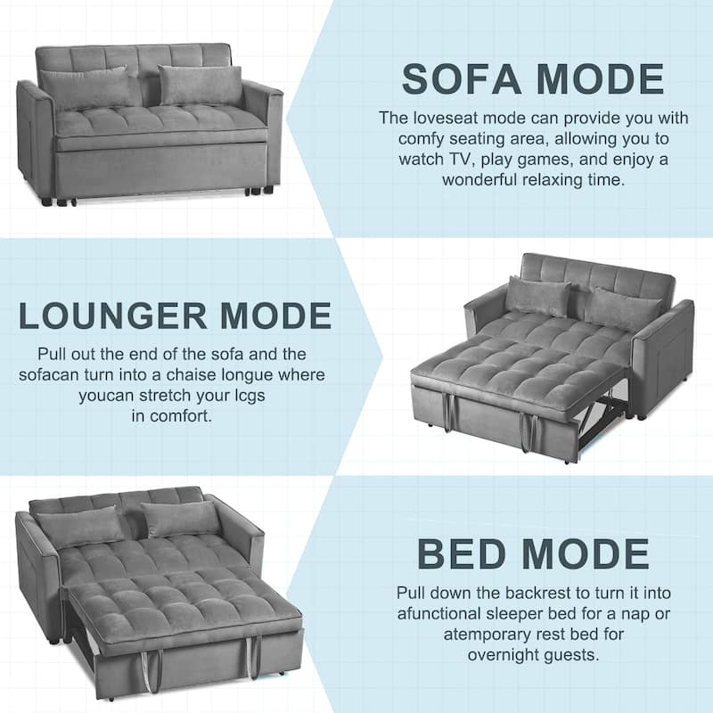 Roomfitters 3-in-1 Convertible Sleeper Sofa Bed, Modern Velvet Loveseat Futon with Pull-Out Couch, Dark Grey