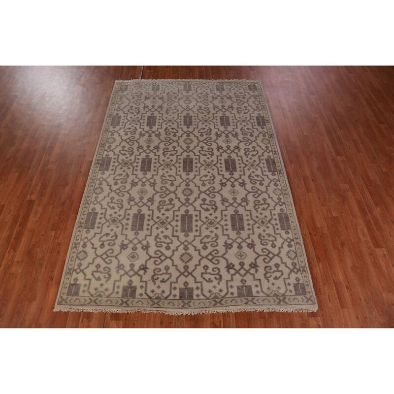 Hand Knotted Oriental 100% Wool Carpet Traditional All-Over Beige & Ivories Heriz (serapi) Area Rug - 8' 10'' X 5' 11''