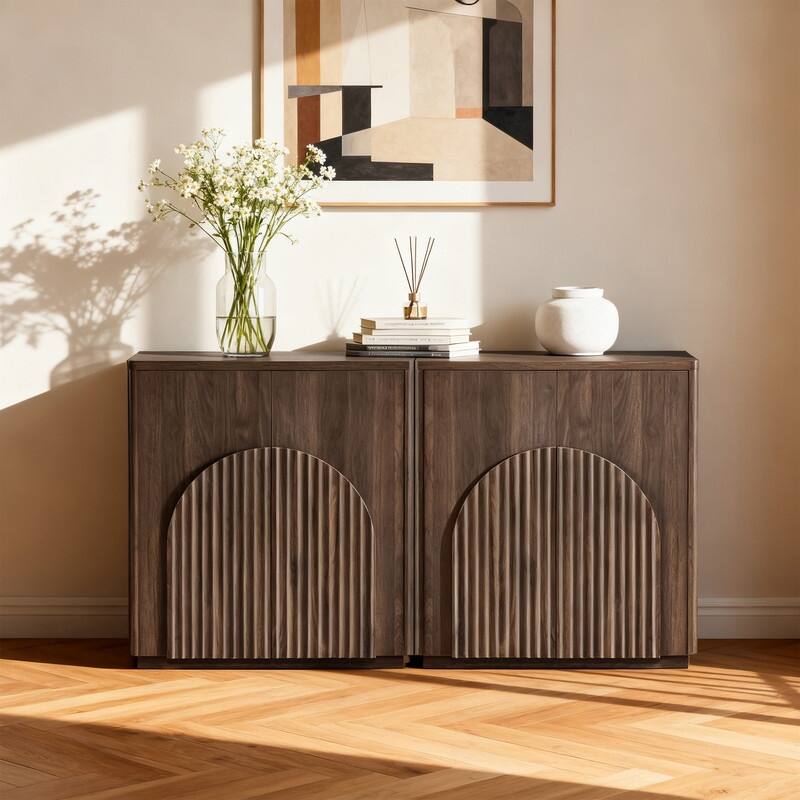 Spruce & Spring Modern Sideboard Buffet Cabinet with Wave Design - 2 Pieces - Walnut