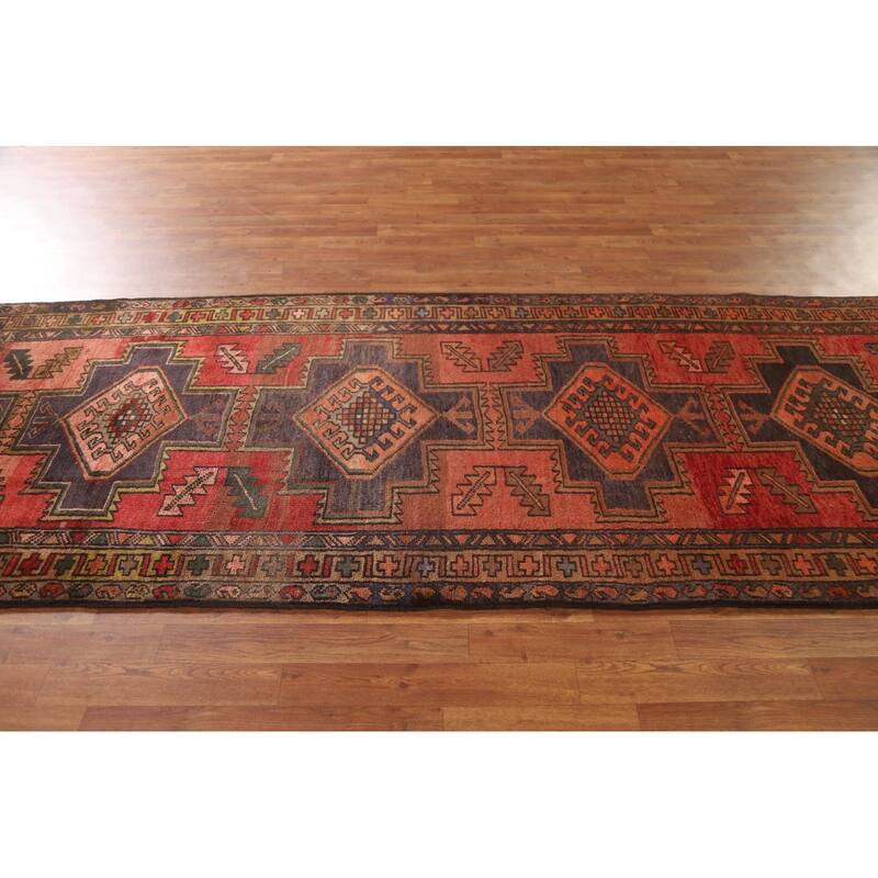Hamedan Persian Vintage Runner Rug Handmade Wool Carpet - 3'8"x 9'5"