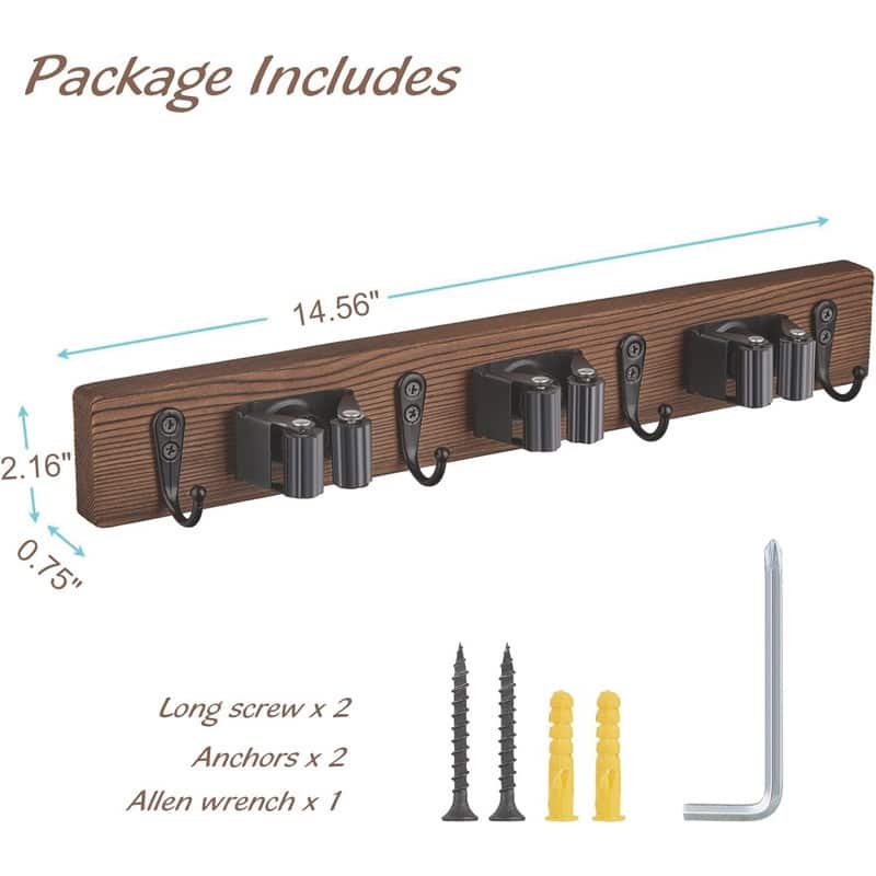 Wood Mop Broom Holder Wall Mount with 3 Slots & 4 Hooks
