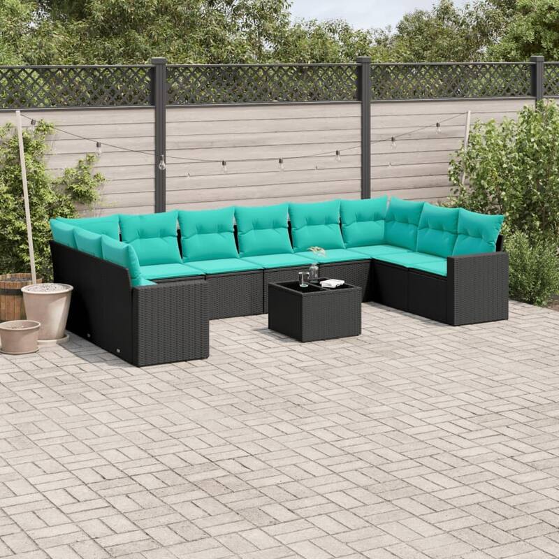 vidaXL 10/11 Piece Patio Sofa Set with Cushions Black Poly Rattan - 24.4" x 24.4" x 27.2" - Black and blue-With table