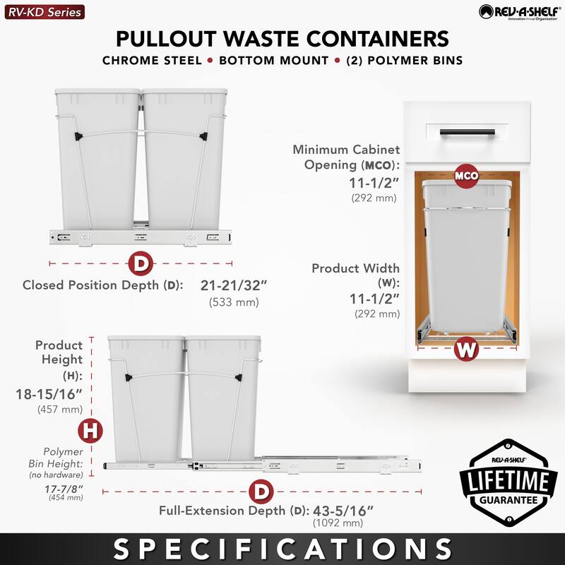 Rev-A-Shelf Double Pullout Trash Can 27 qt. for Kitchen, RV-15KD-2218C-S