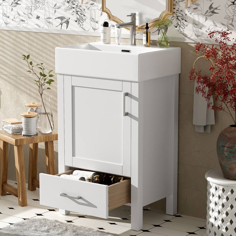 20.28" Modern Bathroom Vanity with Ceramic Sink, Solid Wood Frame, and Drawer -Ideal for Small Bathrooms