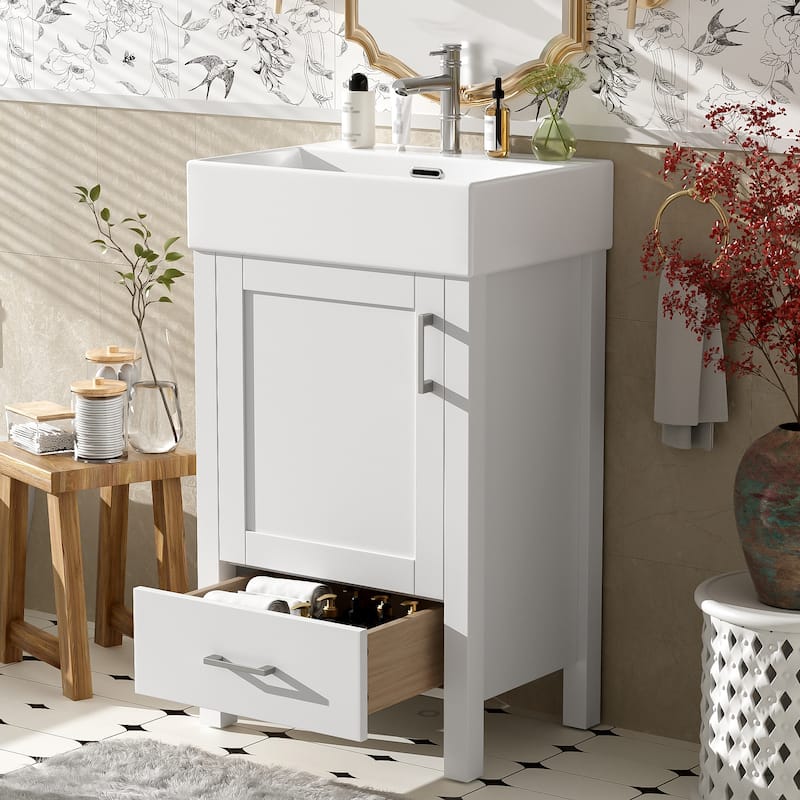 Minimalist Design Storage Cabinet Bathroom Vanity with Drop-In Ceramic Sink, Drawer, Silver Metal Handles and Plastic Feet Pads