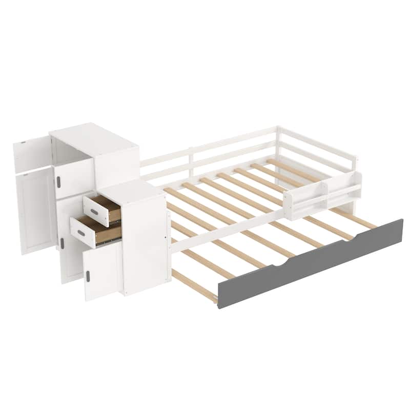 Multifunctional Twin Size Wood Platform Bed with Bookshelf, Wardrobe, and Trundle, White