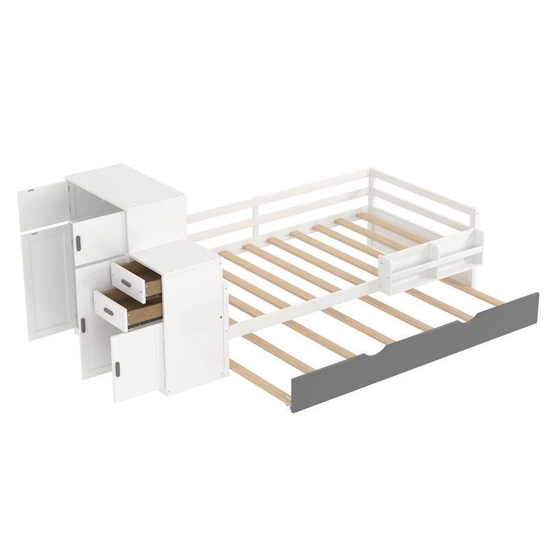 Twin Size Platform Bed with Bookshelf, Movable Wardrobe, Storage Cabinet, Drawer and Pull-out Trundle Bed, Wood Daybed Frame