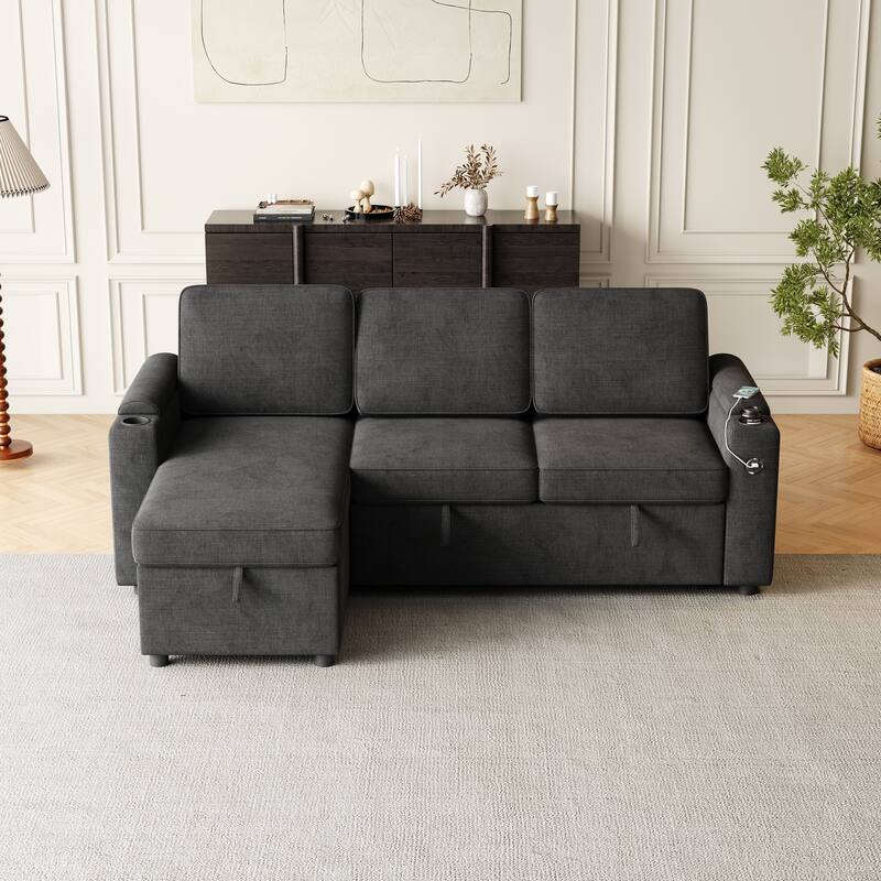 2 in 1 Pull Out Sofa Bed with Storage Chaise, 85.8" Reversible Sleeper Sofa with Pulley for Livingroom L Shaped Sectional Sofa