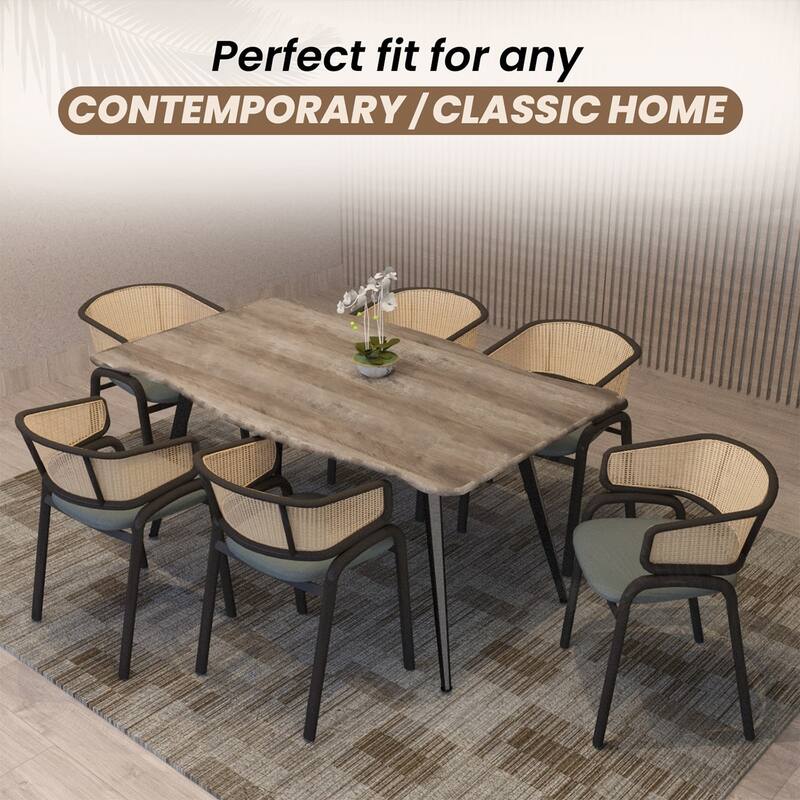 LeisureMod Modern Leather Dining Chair with Wicker Back & Black Steel Frame - Accent Side Armchair for Home Furniture