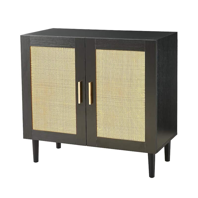 Anmytek Modern Black Rattan Buffet Cabinet Sideboard Kitchen Storage Credenza with Gold Handles