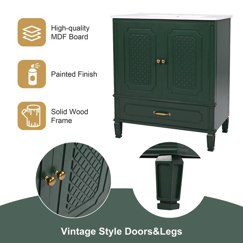 30" Bathroom Vanity with Smooth Ceramic Sink, Adjustable Shelf, Vintage Style with Door Shelf and Drawer