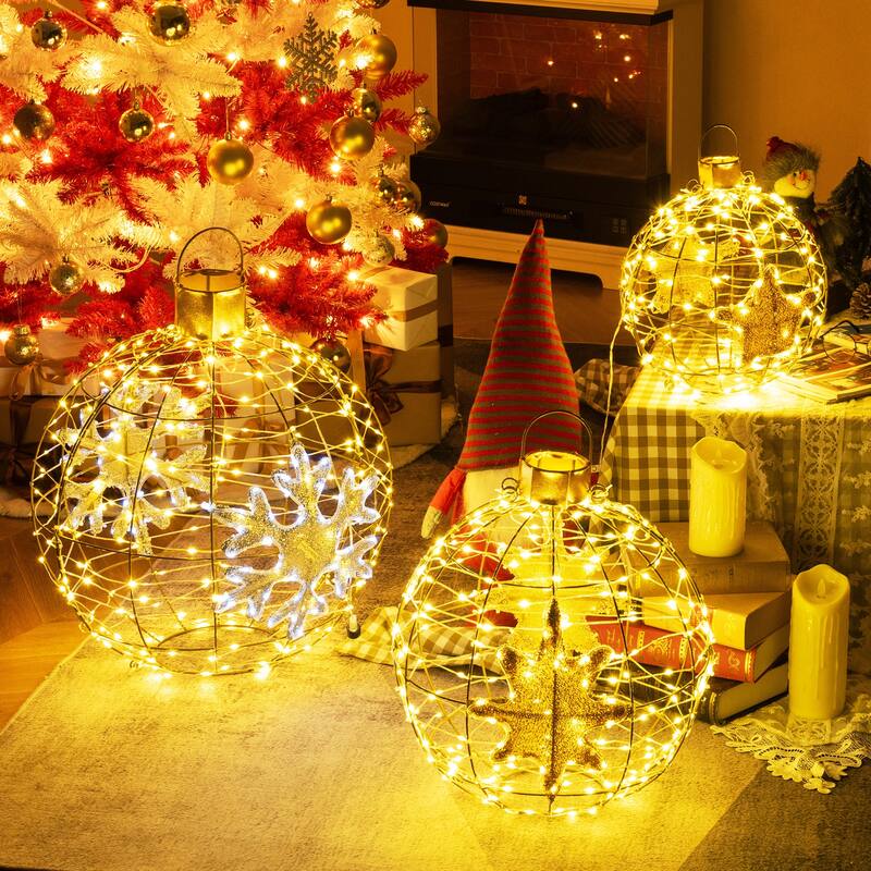 Gymax 3 PCS Pre-Lit Lantern Balls w/ 732 Bright LED Lights Zip Ties & - Gold - See Details