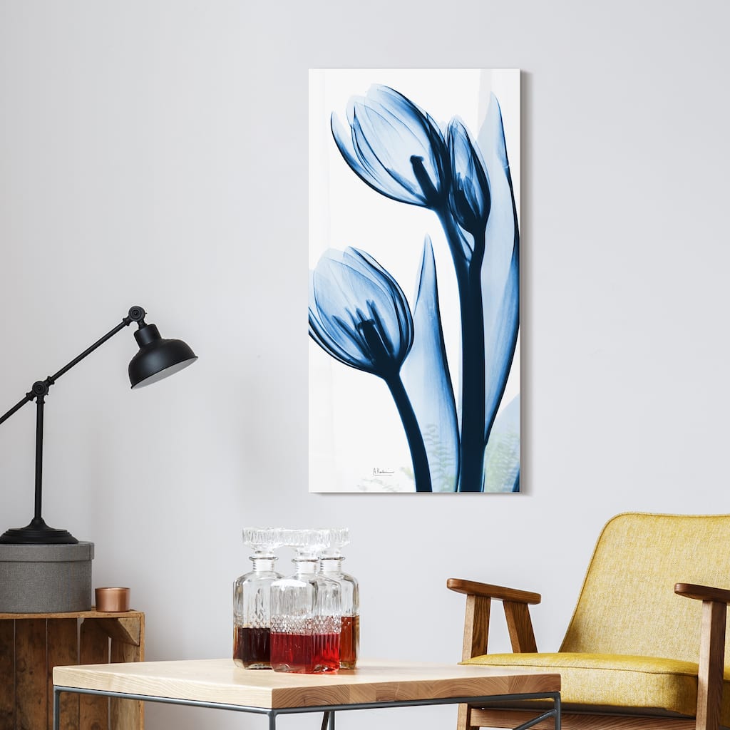 "Two Blue Tulips" Frameless Free Floating Tempered Glass Panel Graphic Wall Art