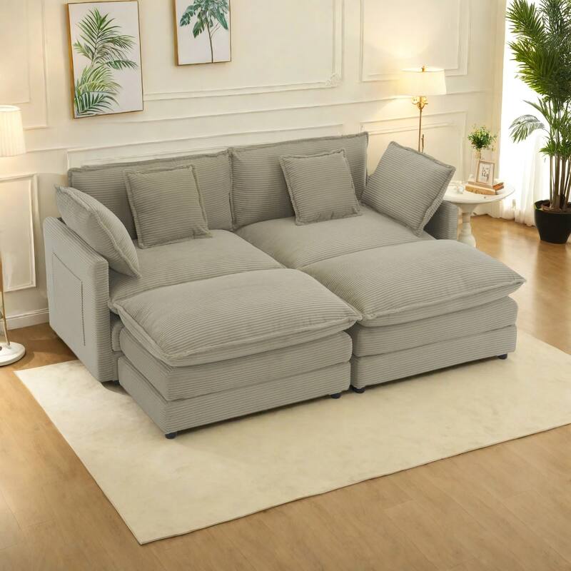 75.6" Corduroy Upholstered Modular Sleeper Sectional Sofa with Side Storage Pockets - Brown