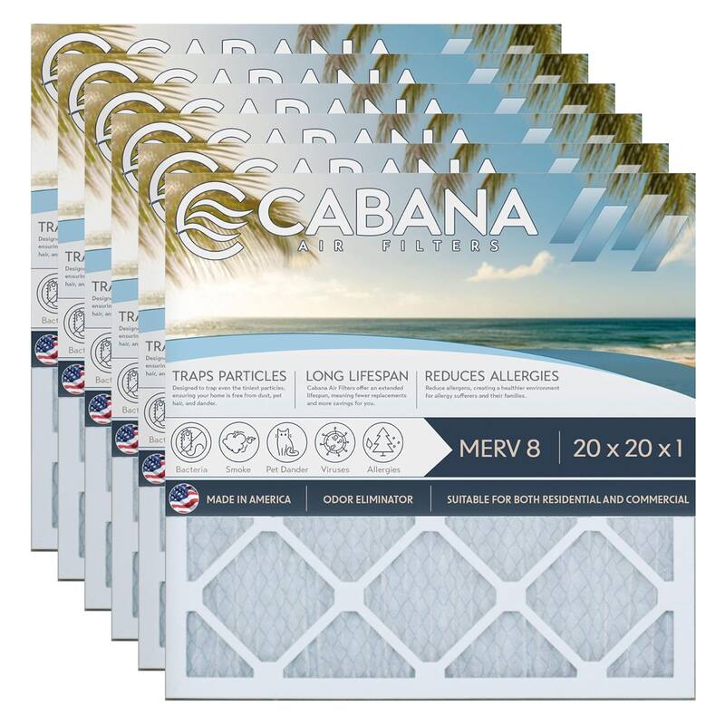 Cabana Air Filters 6 Pack HVAC Furnace Air Filters, MERV 8, 20 x 20 x 1, White - 0.69