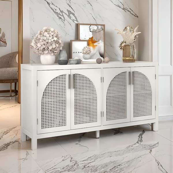 Storage Cabinet with Rattan Door and Metal Handles White Bed