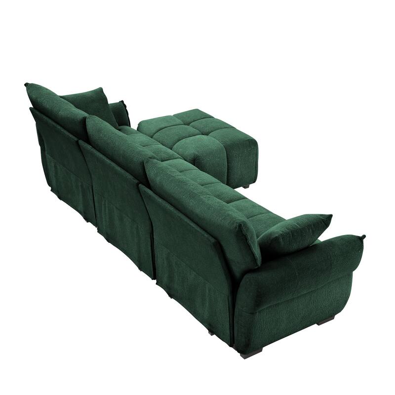 110.2" Chenille 3-Seater Sofa Set with Ottoman and Pillows, Solid Wood Frame and High-Resilience Cushions