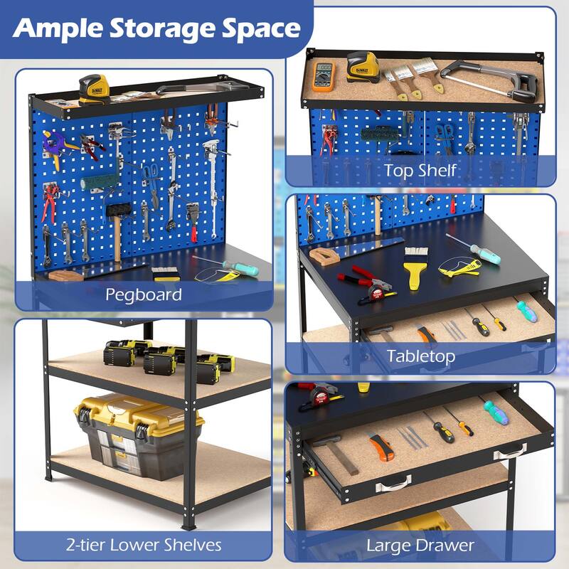 Gymax 32'' x 16'' Workbench w/ Pegboard 20PCS Tool Hooks Drawer & Open
