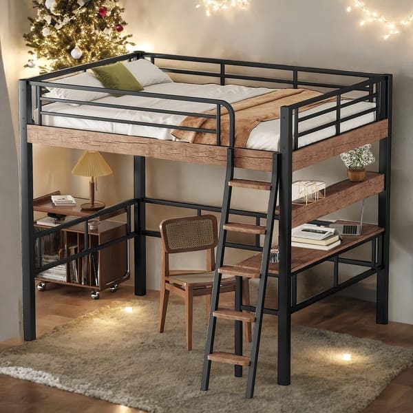 slide 2 of 9, Full Size Loft Bed With Built-in Desk,Shelf And Ladder for Home Black