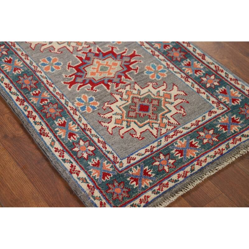 Hand Knotted Oriental 100% Wool Carpet Traditional Geometric Greys & Charcoal Kazak Area Rug - 2' 10'' X 1' 11''
