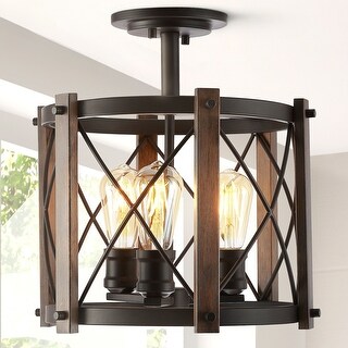 Ciel 14" 3-Light Iron Rustic Farmhouse LED Flush Mount, Brown/Oil Rubbed Bronze by JONATHAN Y