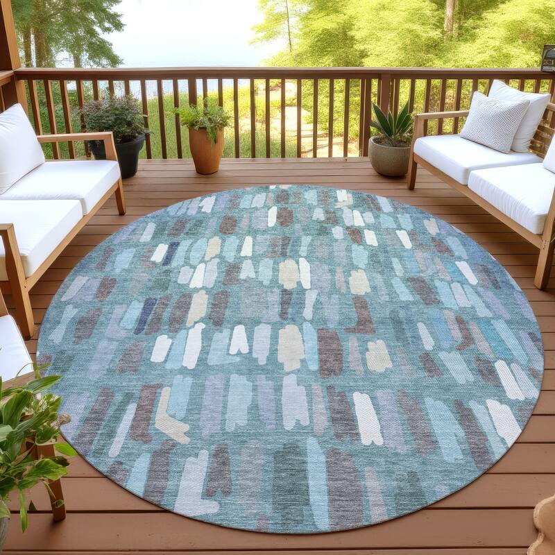 Machine Washable Indoor/ Outdoor Modern Mosaic Chantille Rug - Teal - 8' x 8'