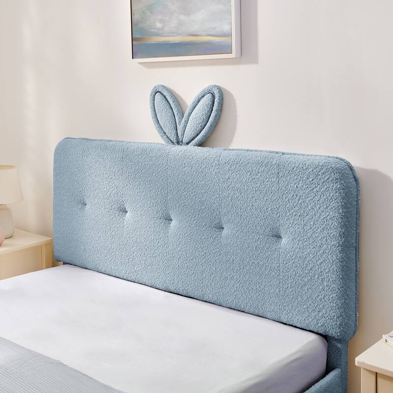 Queen Size Boucle Upholstered Bed with Rabbit Ear Headboard, LED Music Sync & 4 Drawers