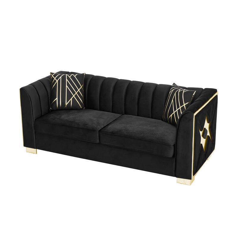 Velvet Chesterfield 3 Seater Sofa, Button Tufted Upholstered Sofa, Lounge Sofa with Stainless Steel Accents & Metal Legs