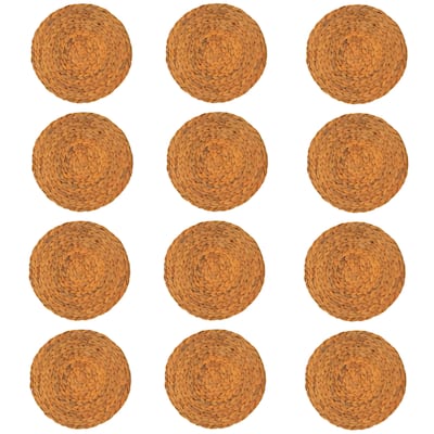 Round Hand-Woven Hyacinth Placemat, Mustard Color, Set of 12