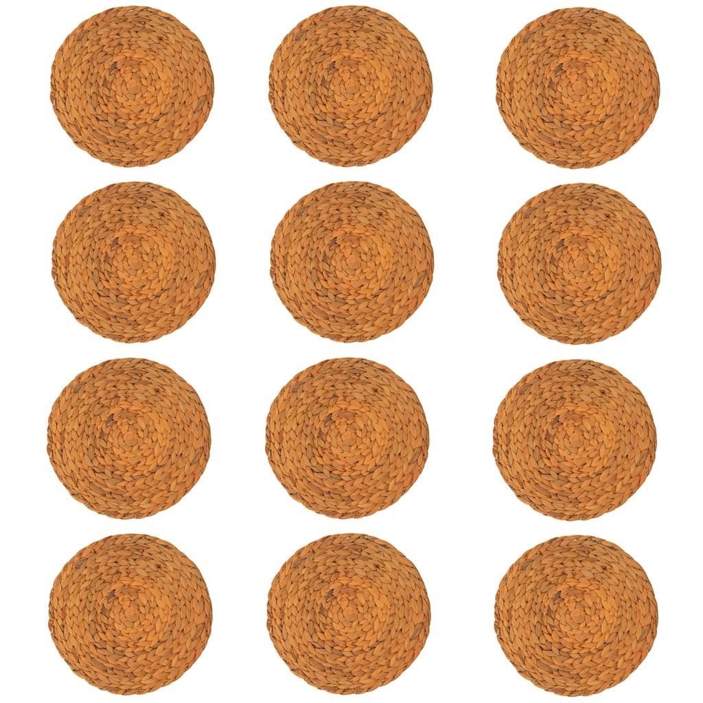 Round Hand-Woven Hyacinth Placemat, Mustard Color, Set of 12